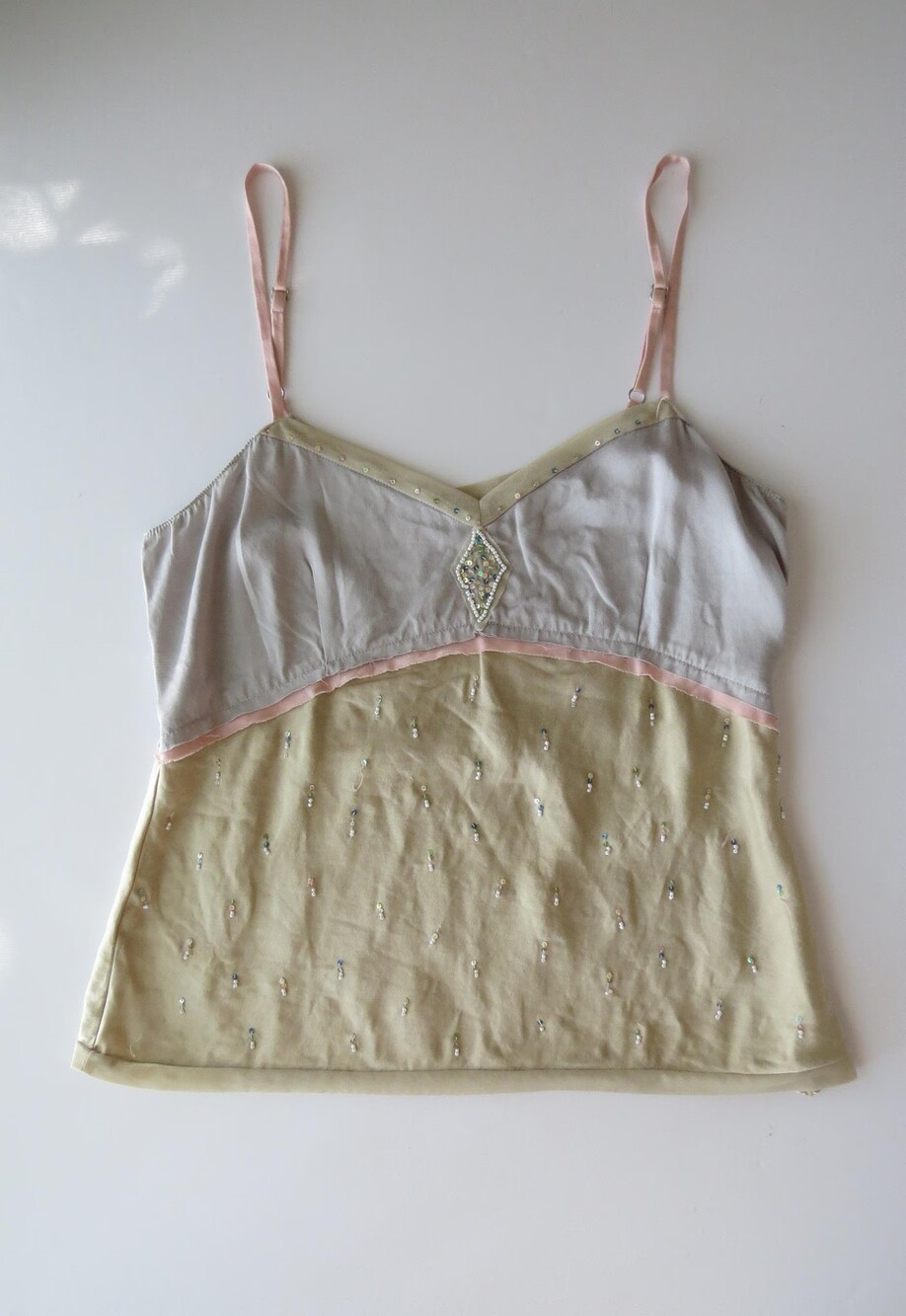 Vintage Italian Beaded Silk Pastel Camisole, Sequined Blue/Grey Pink Silk Charme